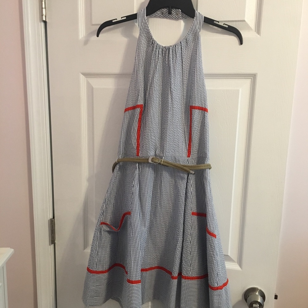Seersucker halter neck dress with belt